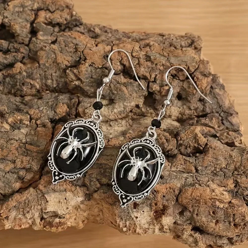 Gothic Retro Style Black Gemstone Spider Earrings Faux Fashion Jewelry‎